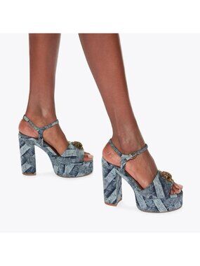 Kurt Geiger London Kensington Platform Heels Sz 38/US 8 Patchwork Denim Crystals